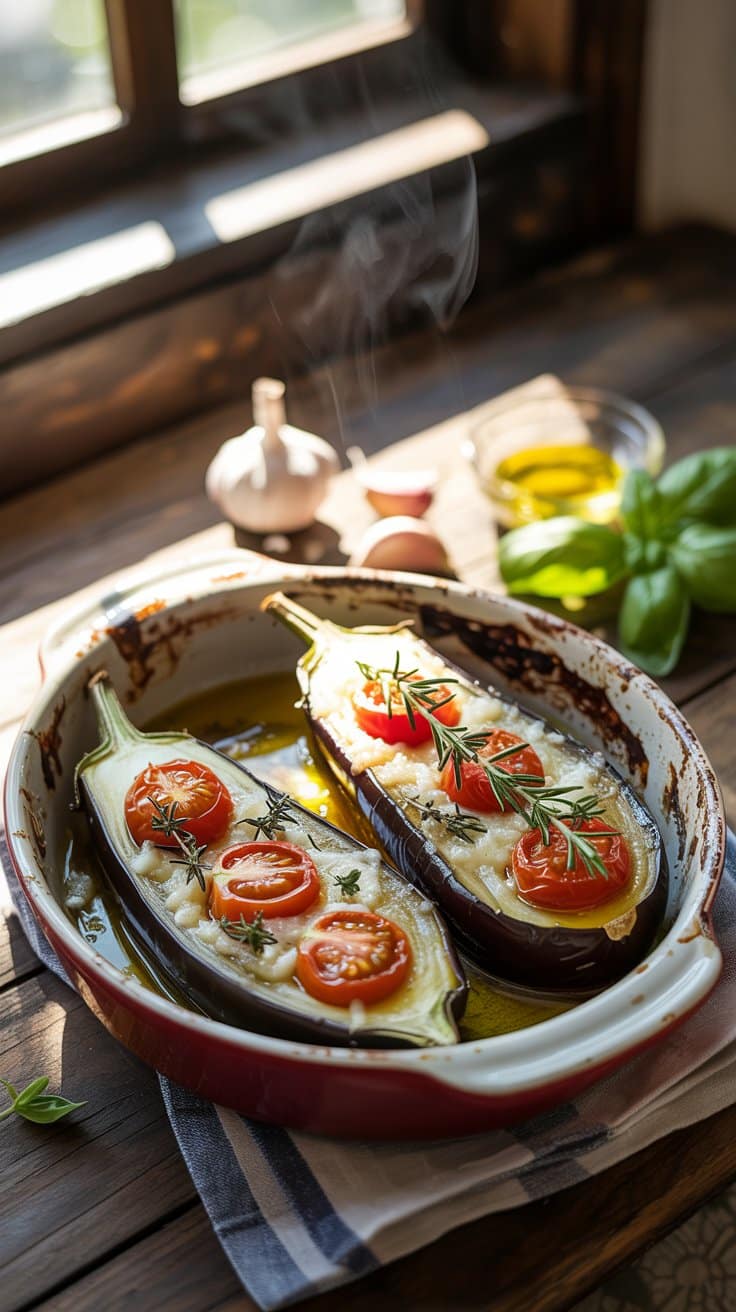 Aubergines grillées aux tomates et herbes dans un plat.