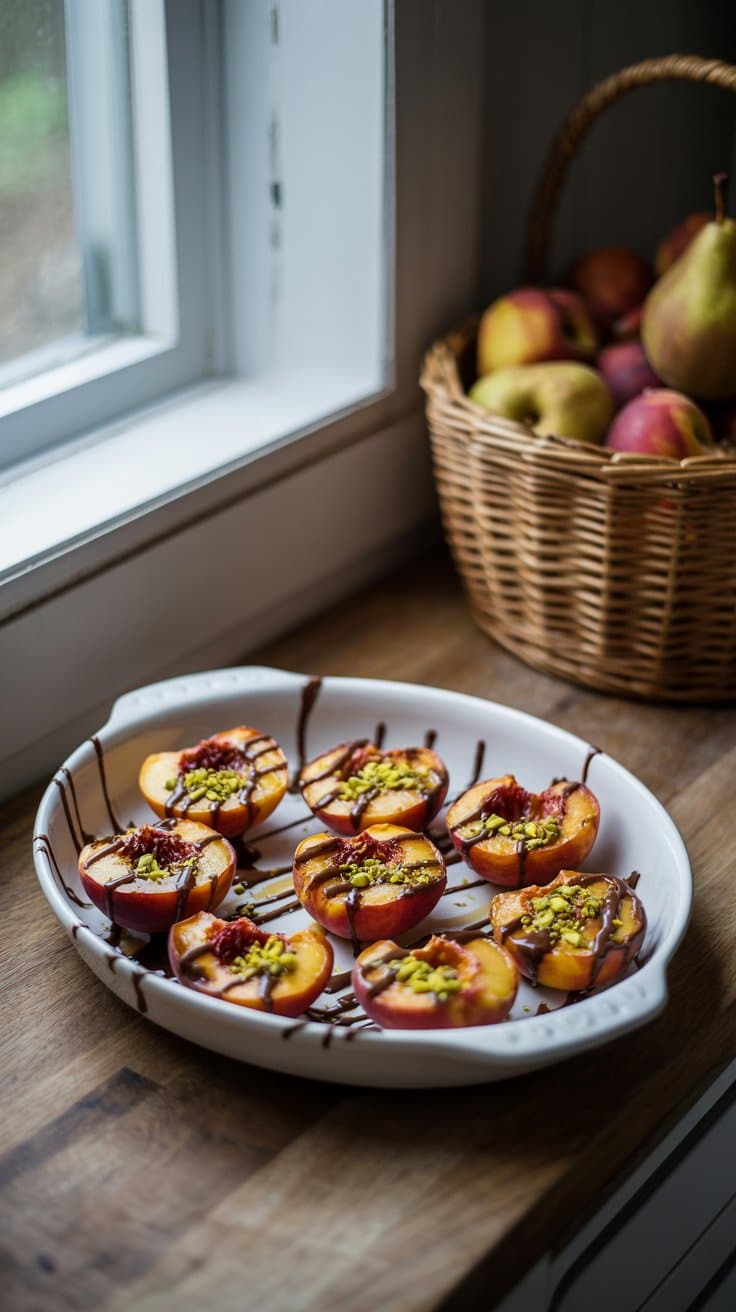 Pêches grillées avec chocolat et pistaches sur assiette.
