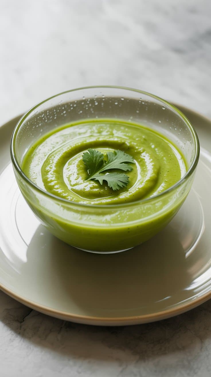 Soupe verte crémeuse dans une assiette blanche.