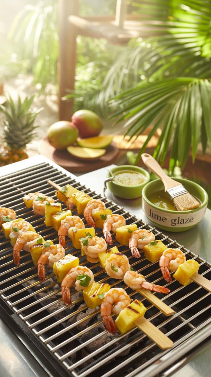 Brochettes de crevettes et ananas au barbecue.
