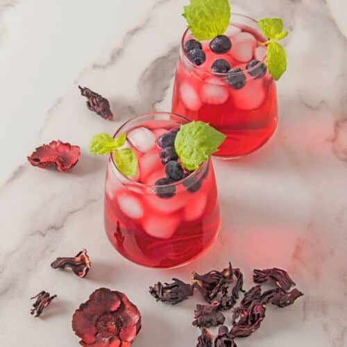 Deux verres de cocktail rouge glacé, menthe et fruits.