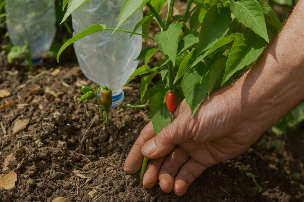 Main tenant une plante de piment au jardin.