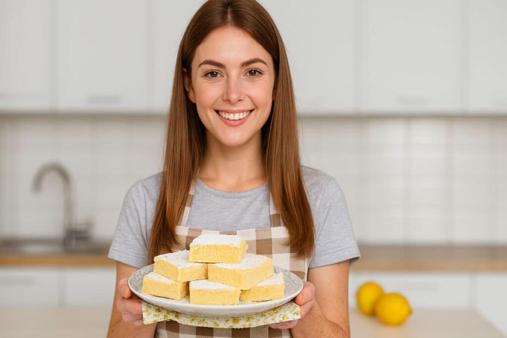 Femme avec plateau de gâteaux au citron.