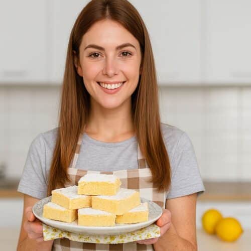 Femme avec plateau de gâteaux au citron.