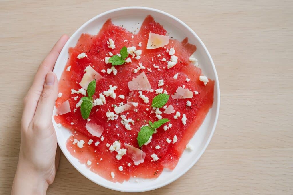 Carpaccio pastèque, feta, menthe, parmesan sur assiette blanche.
