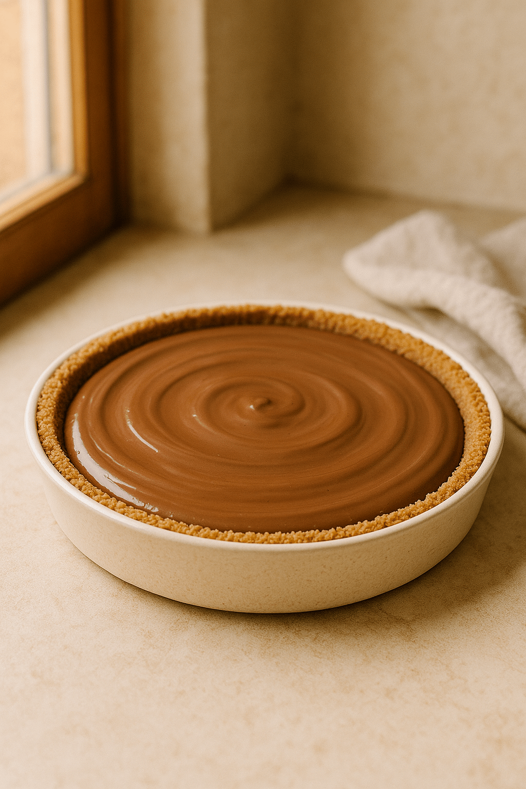 Tarte au chocolat sur table beige ensoleillée.
