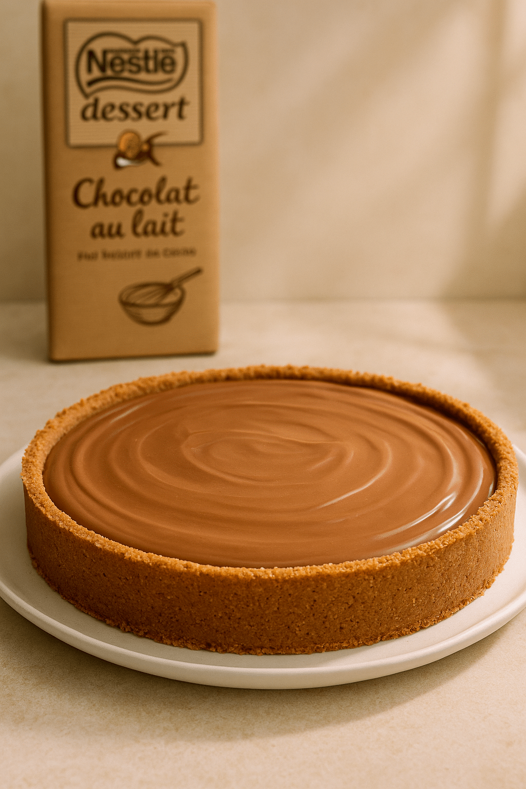 Tarte chocolat au lait sur assiette blanche.