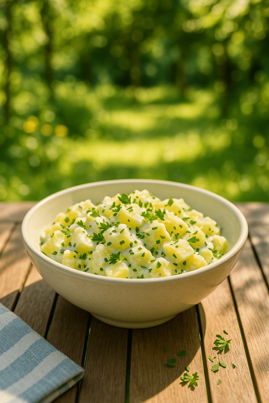 Salade de pommes de terre en plein air, appétissante.