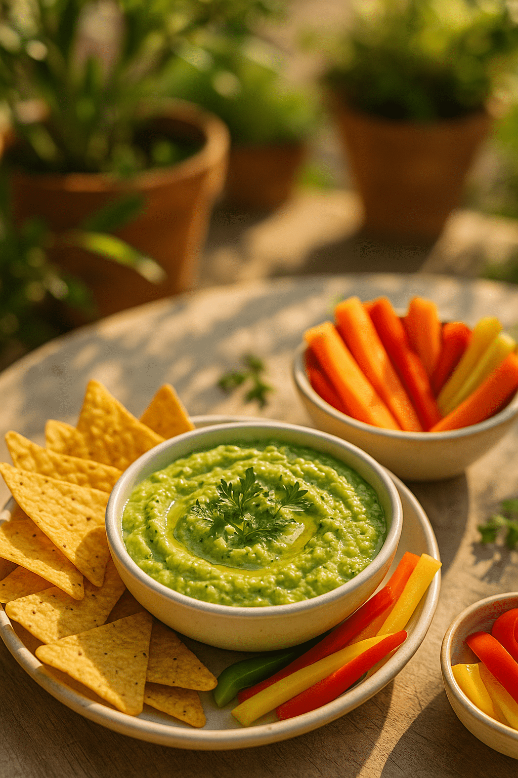 Guacamole, chips et légumes croquants dans des bols.