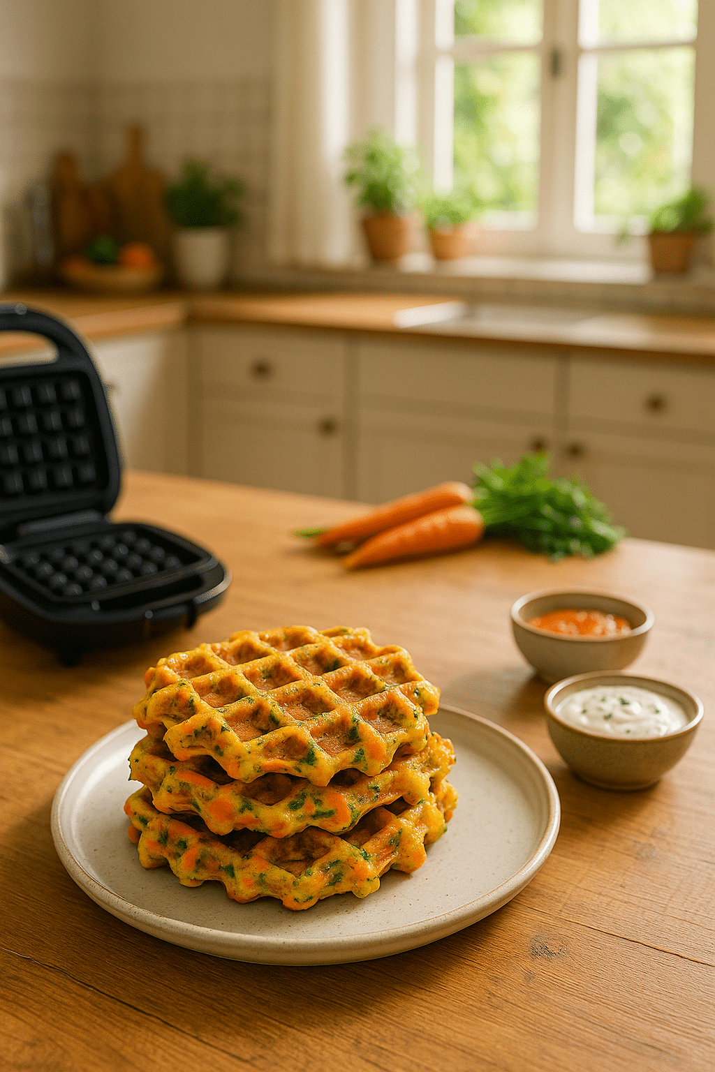 Gaufres légumes sur assiette avec sauces.