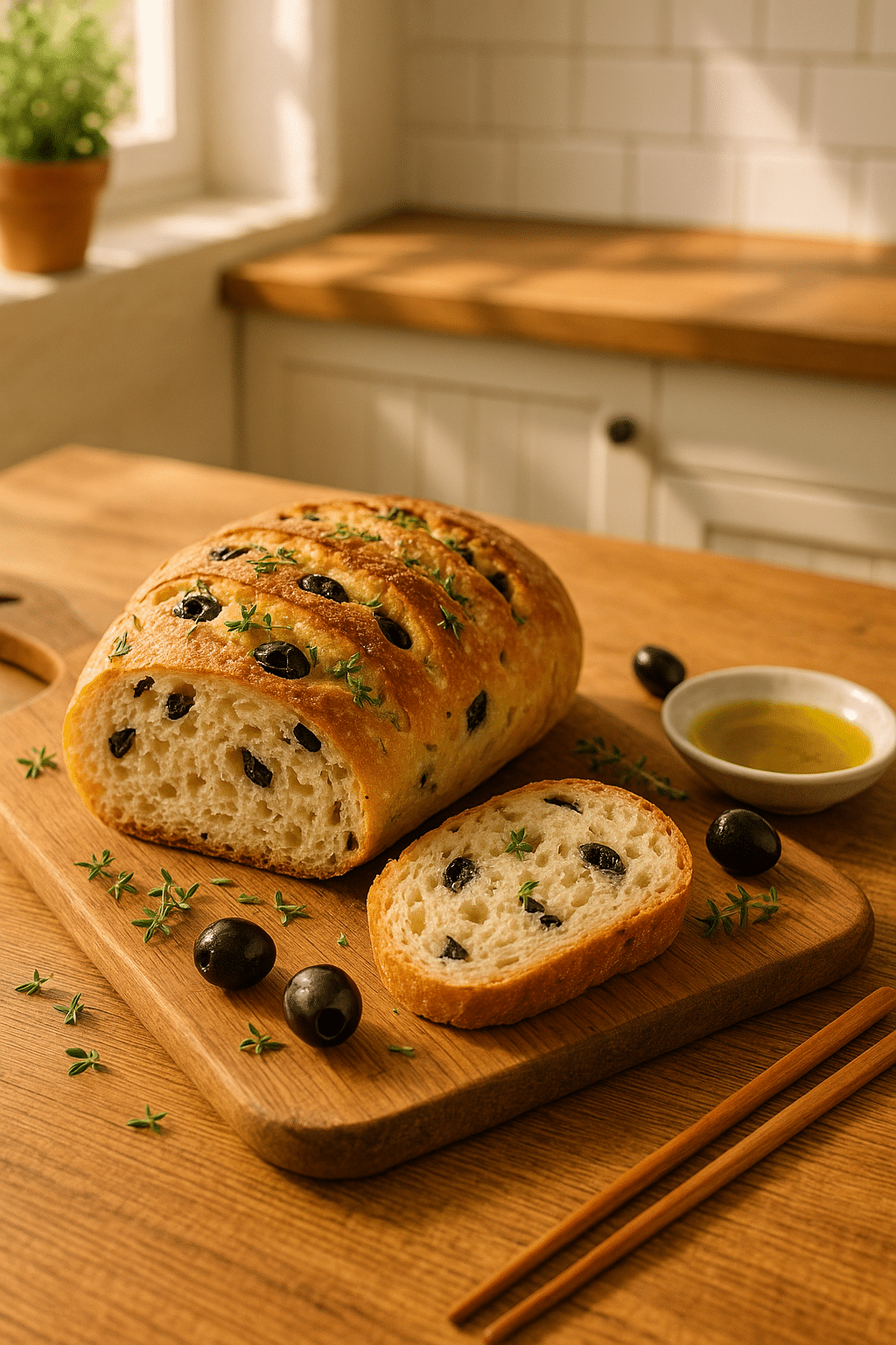 Pain aux olives sur planche avec herbes.