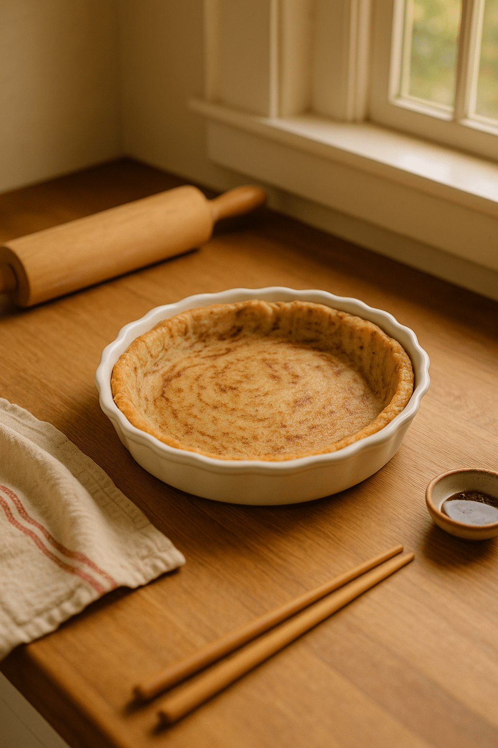 Tarte dorée dans moule sur table en bois