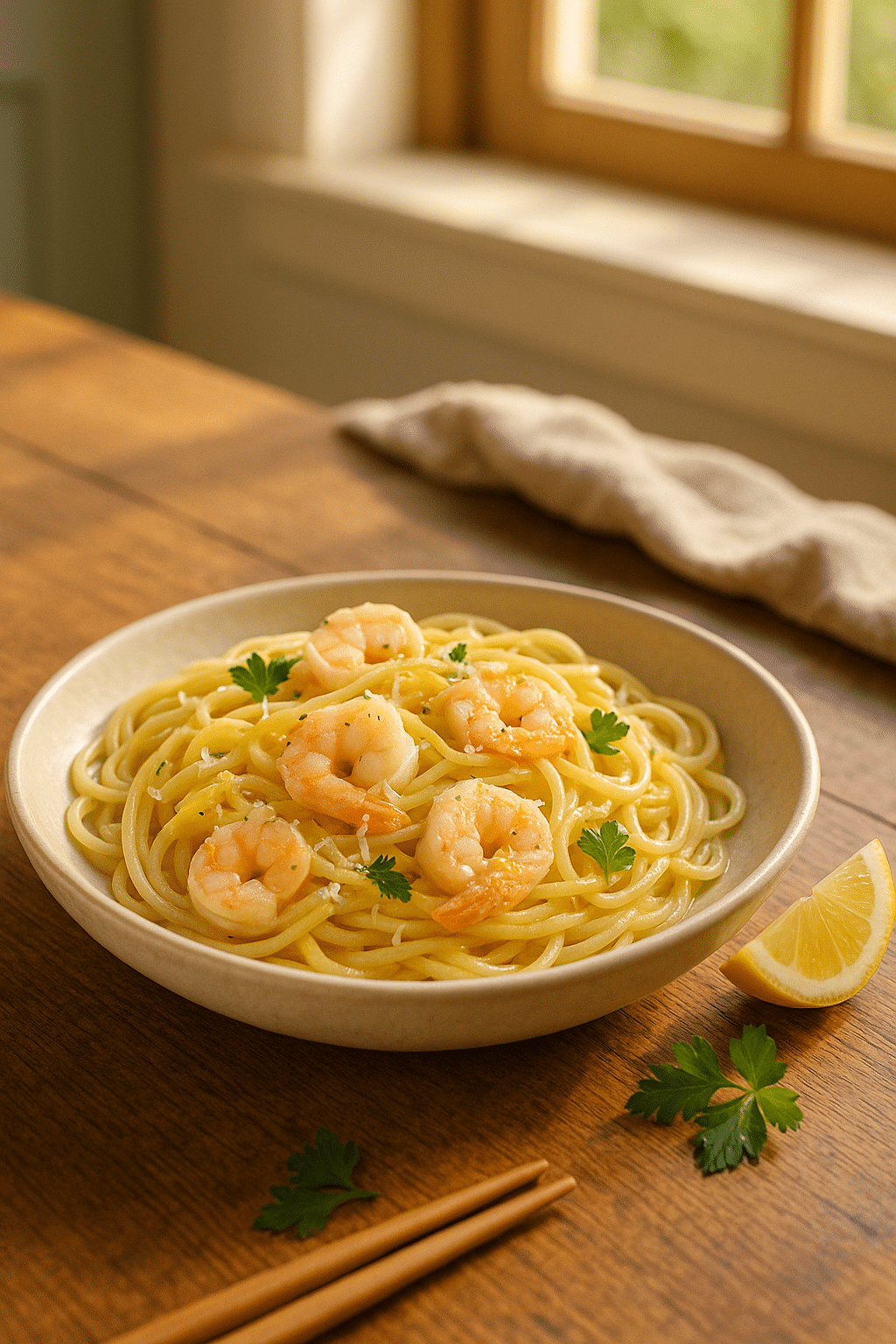 Pâtes aux crevettes et citron sur table en bois.
