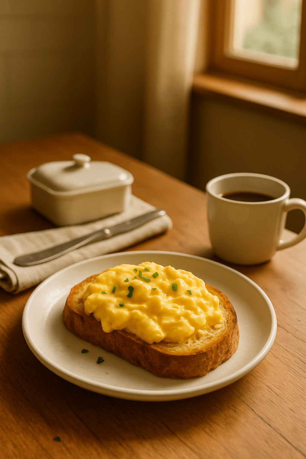Tartine aux œufs brouillés avec café.
