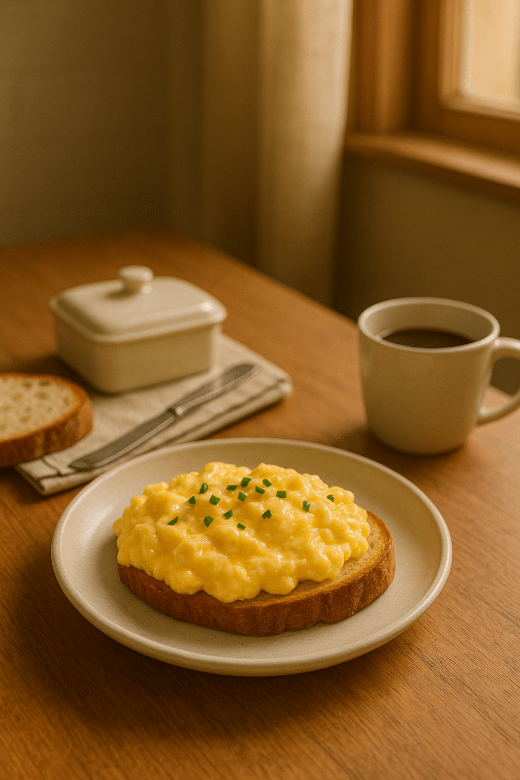 Tartine aux œufs brouillés et ciboulette, café.