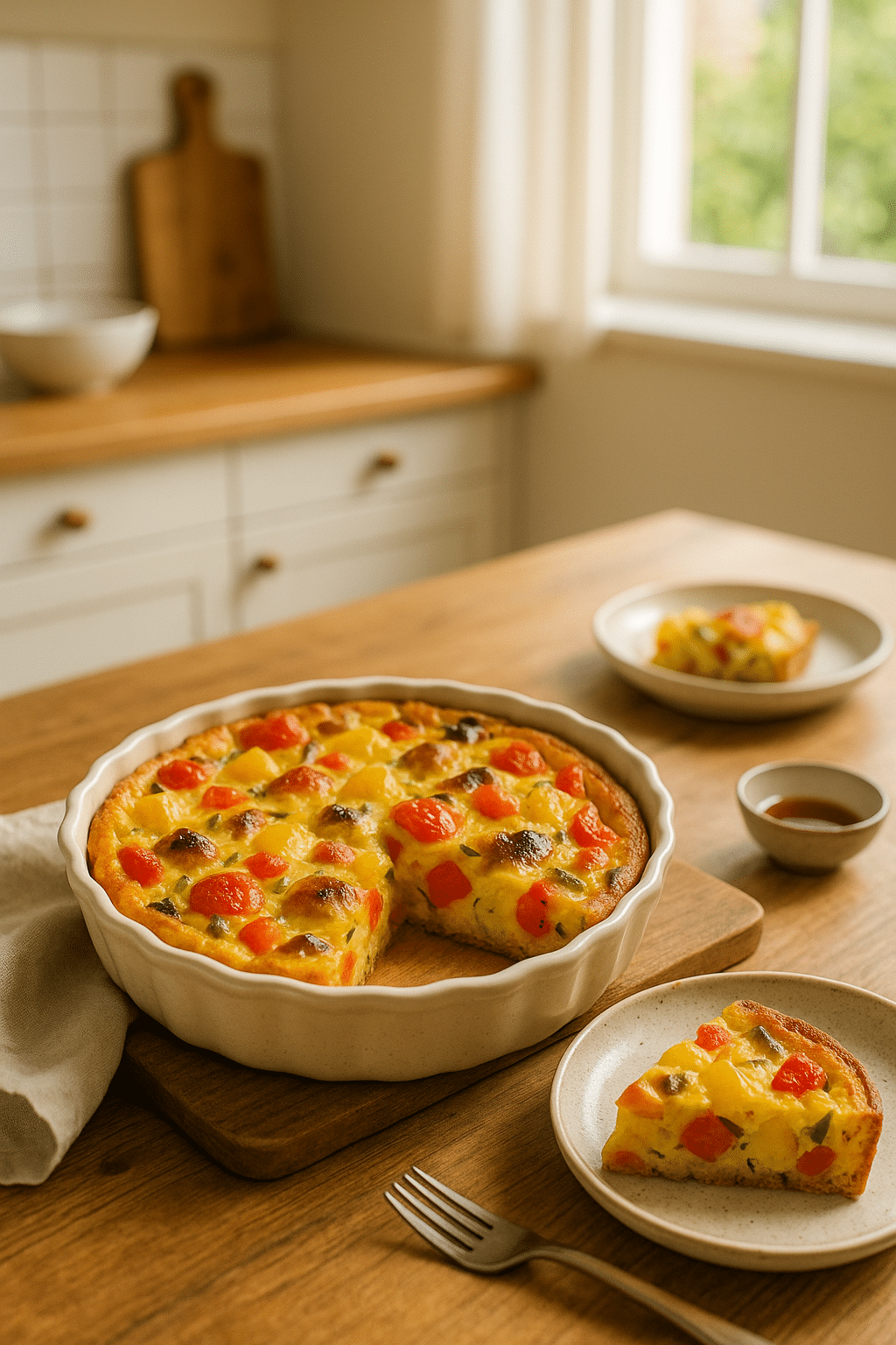 Quiche aux légumes sur une table en bois.