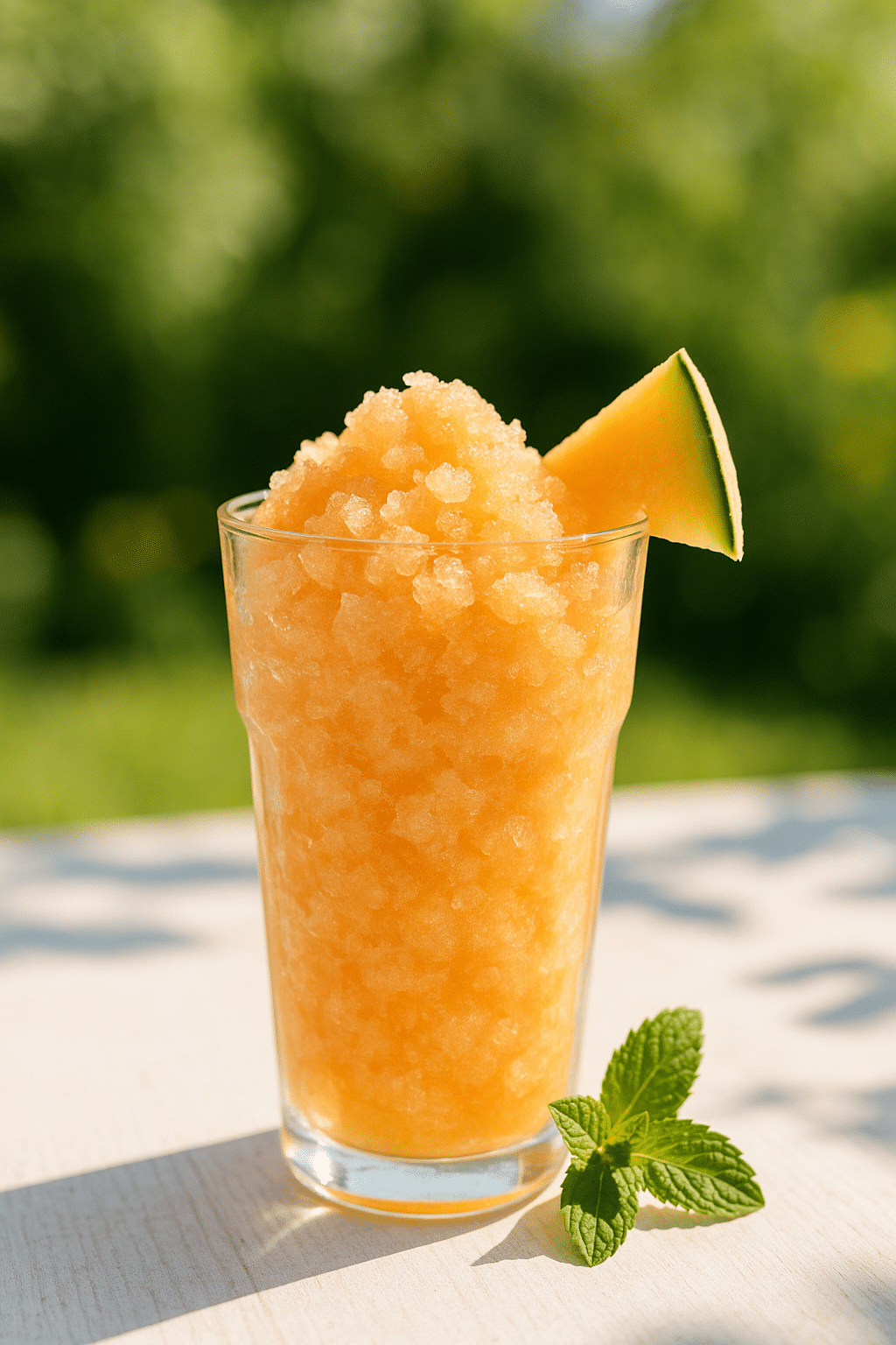 Granité melon en verre sur table blanche.