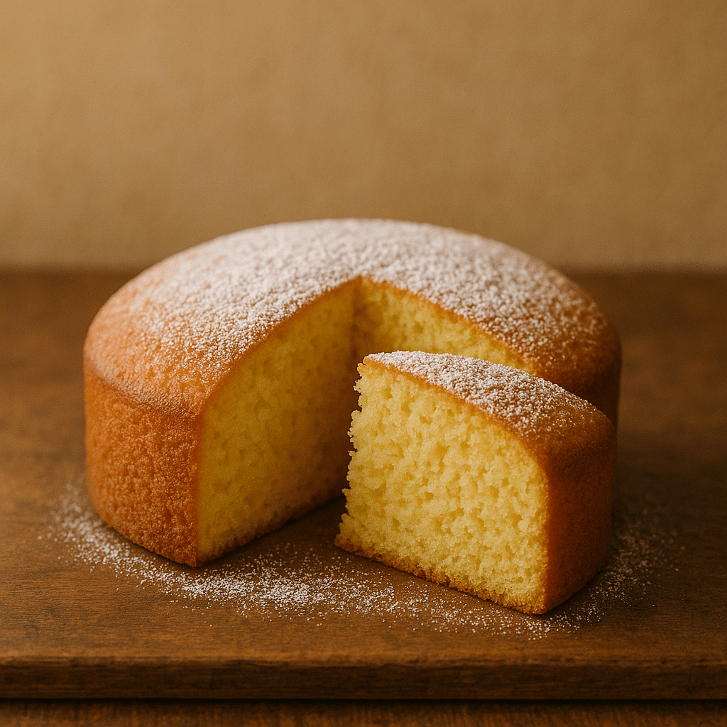Gâteau moelleux avec tranche coupée, saupoudré de sucre.