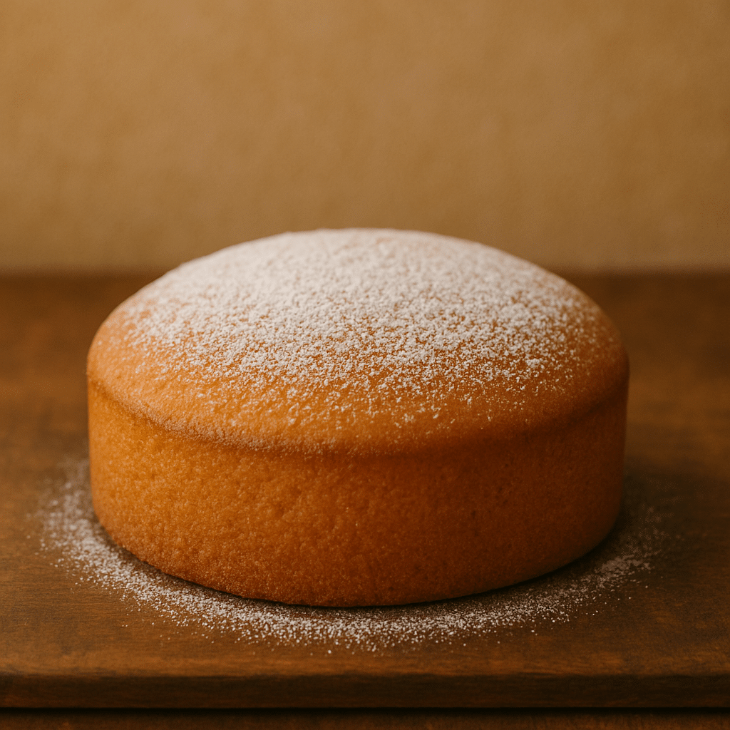 Gâteau rond avec sucre glace sur le dessus.