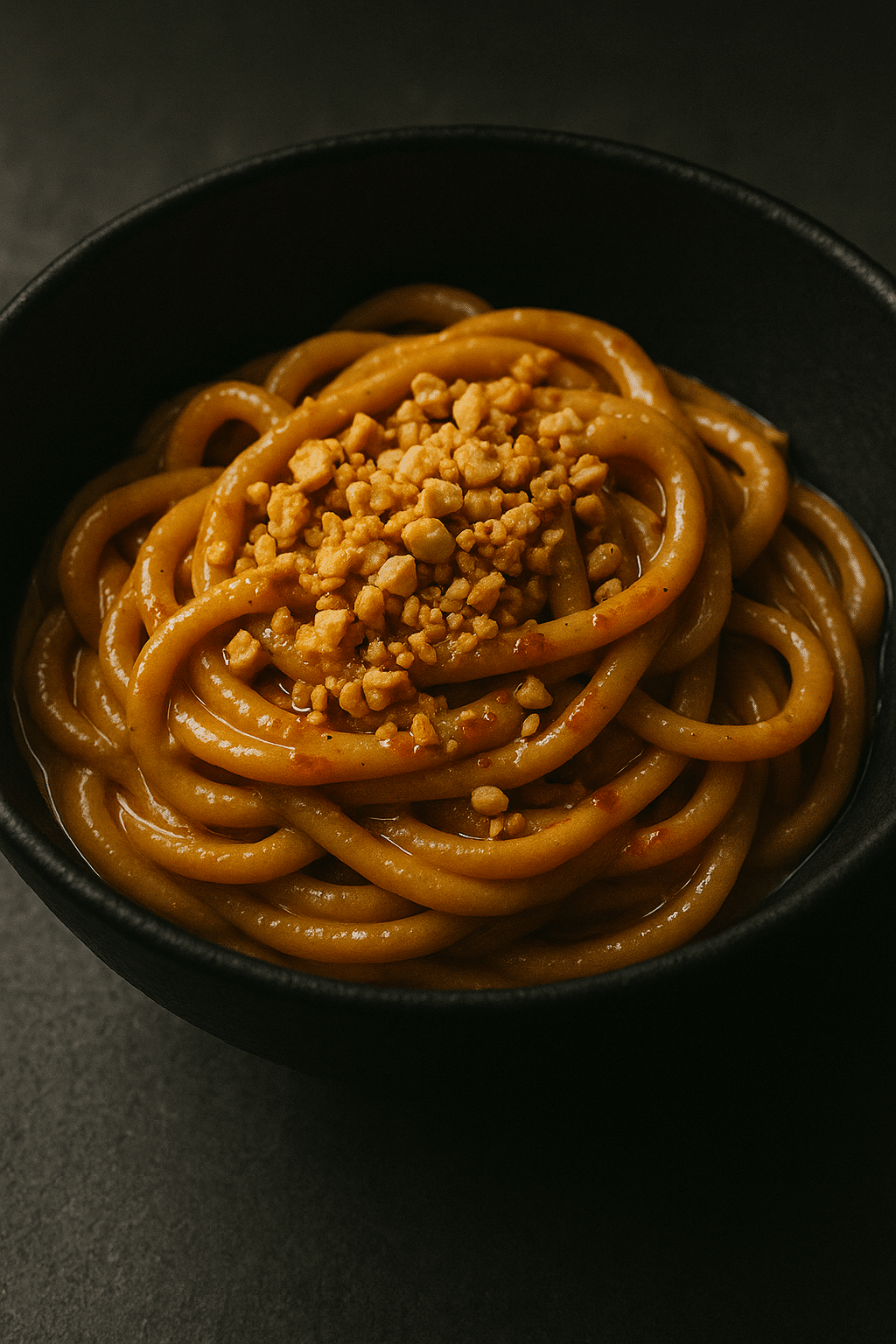 Bol de nouilles avec cacahuètes, gros plan.