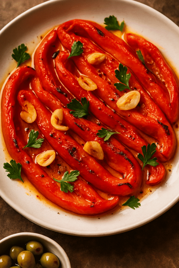 Poivrons rouges grillés avec olives vertes et ail.