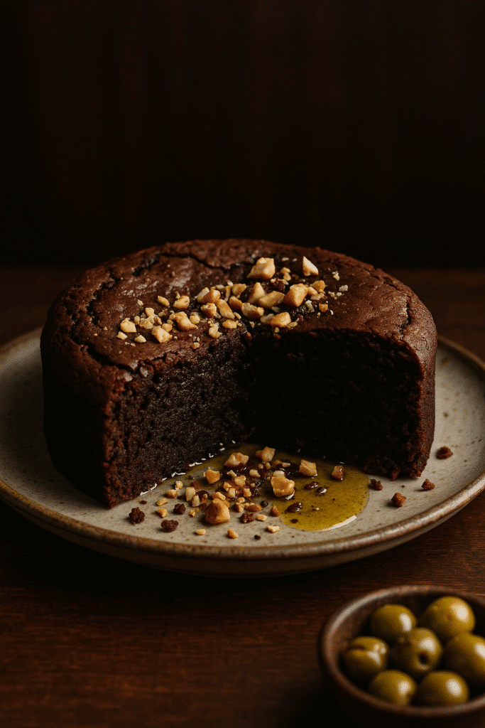 Gâteau chocolaté aux noix avec part manquante.