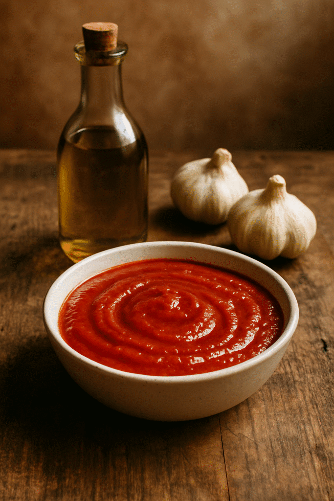 Bol de sauce tomate avec huile et ail.