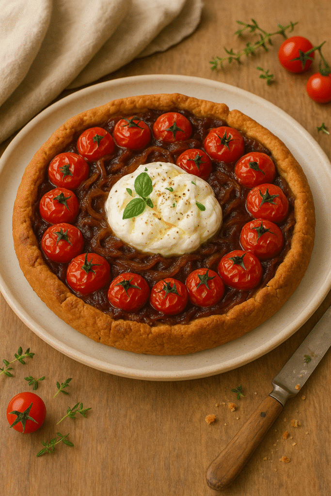 Tarte aux tomates cerises et fromage.