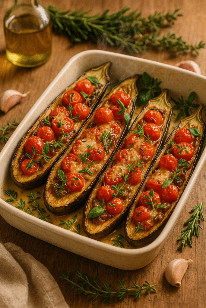 Aubergines rôties aux tomates et herbes aromatiques.