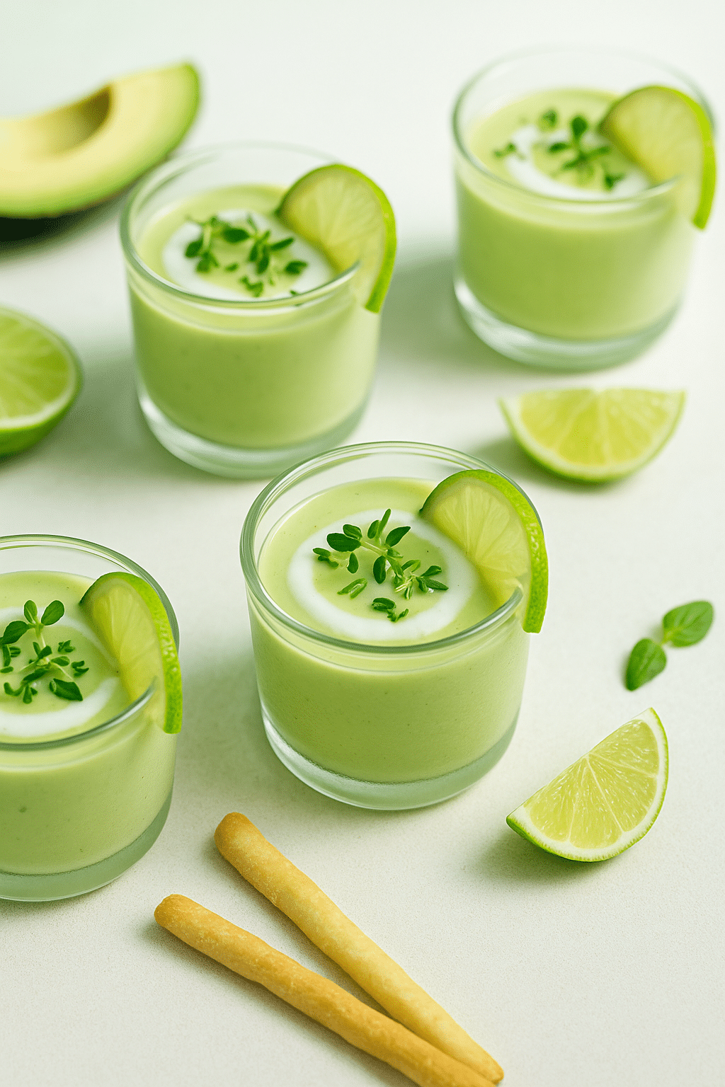 Verrines d'avocat décorées de citron vert.