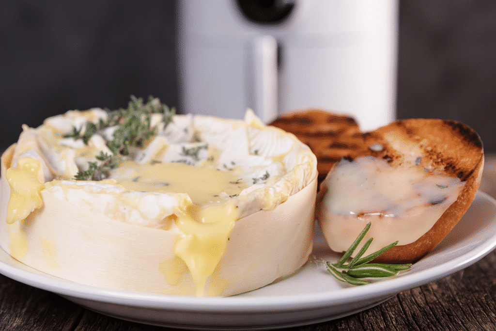 Fromage coulant avec herbes et pain grillé.