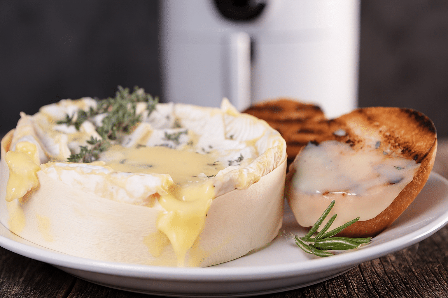 Fromage coulant avec herbes et pain grillé.