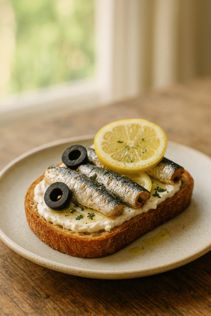 Toast aux sardines, citron et olives noires.