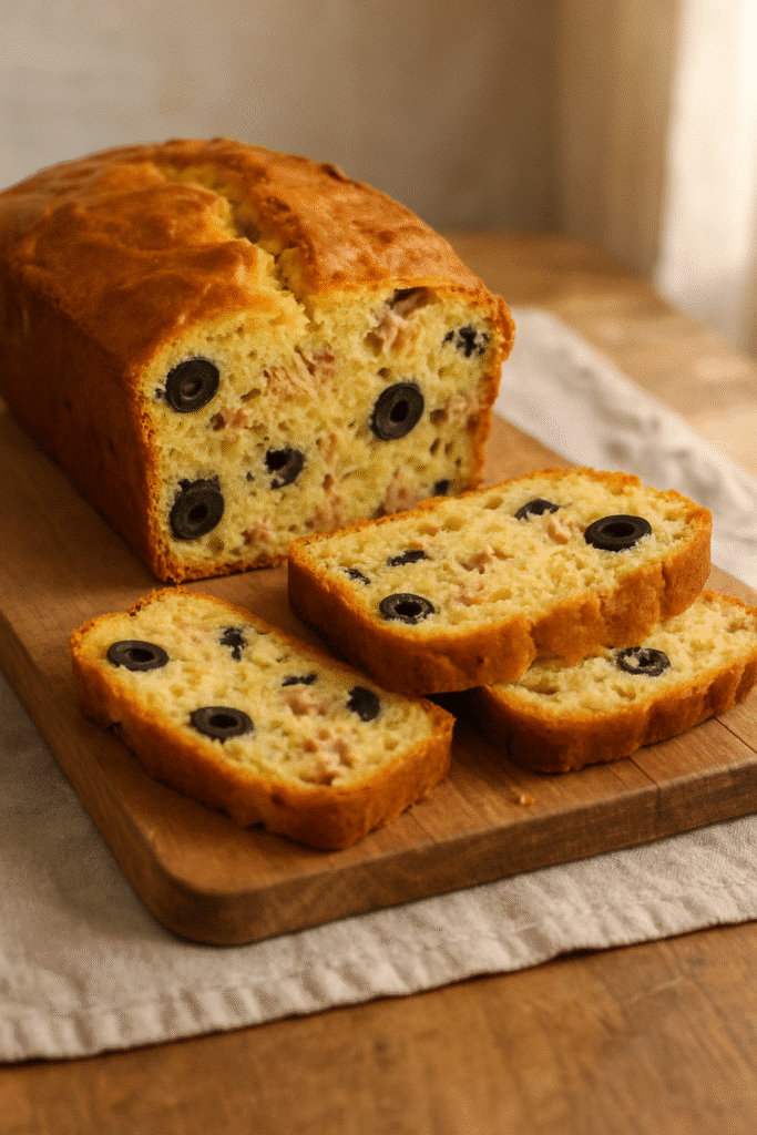 Cake olives et thon sur planche en bois.