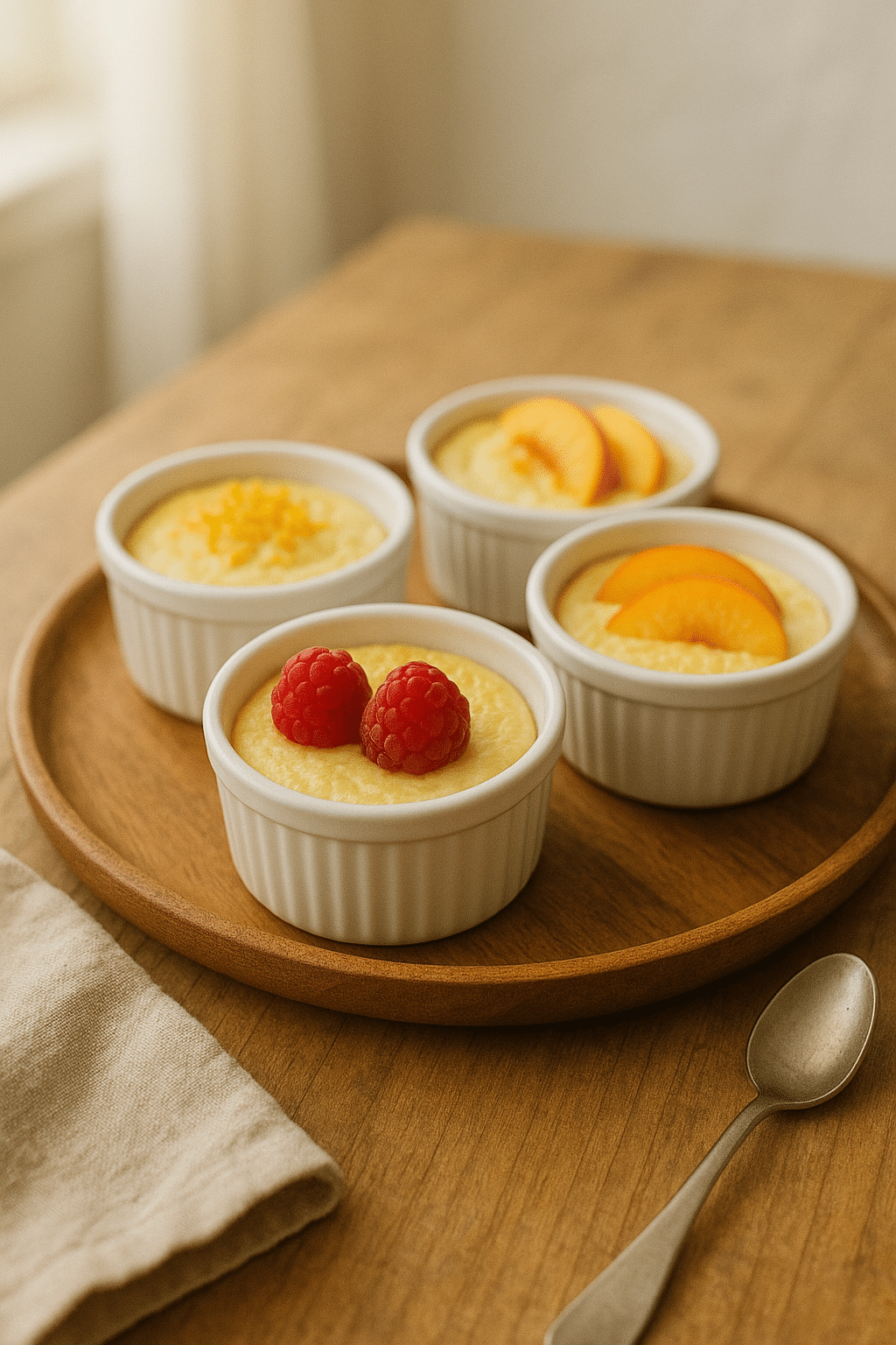 Quatre ramequins de pudding avec fruits frais.