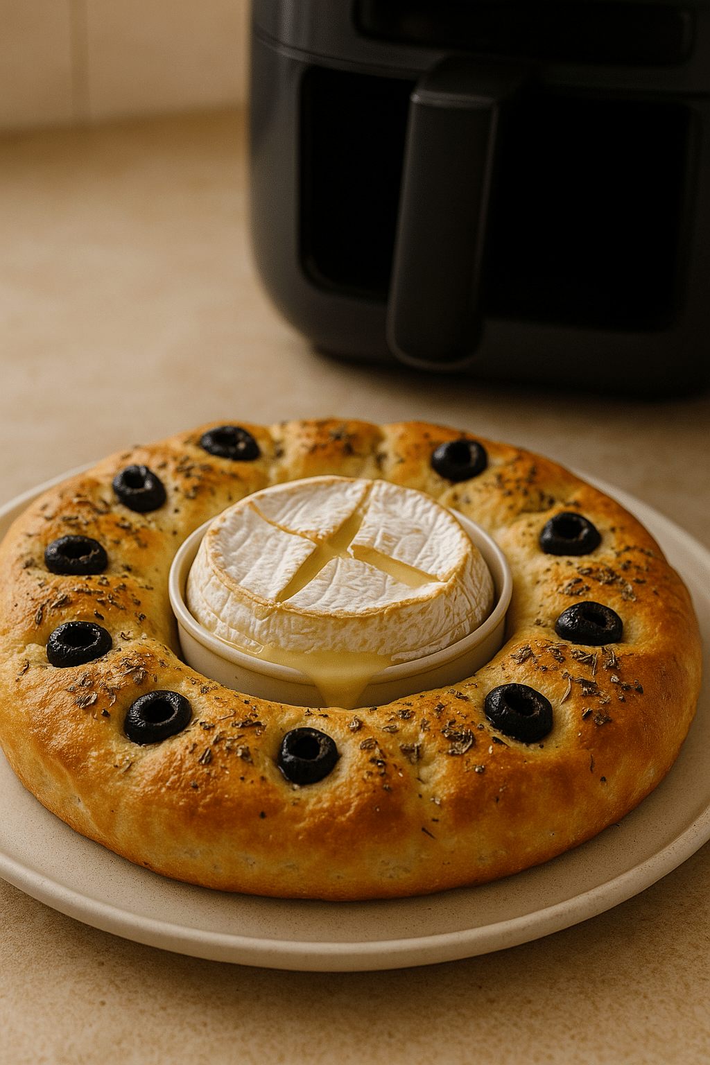 Pain garni d'olives autour d'un camembert.