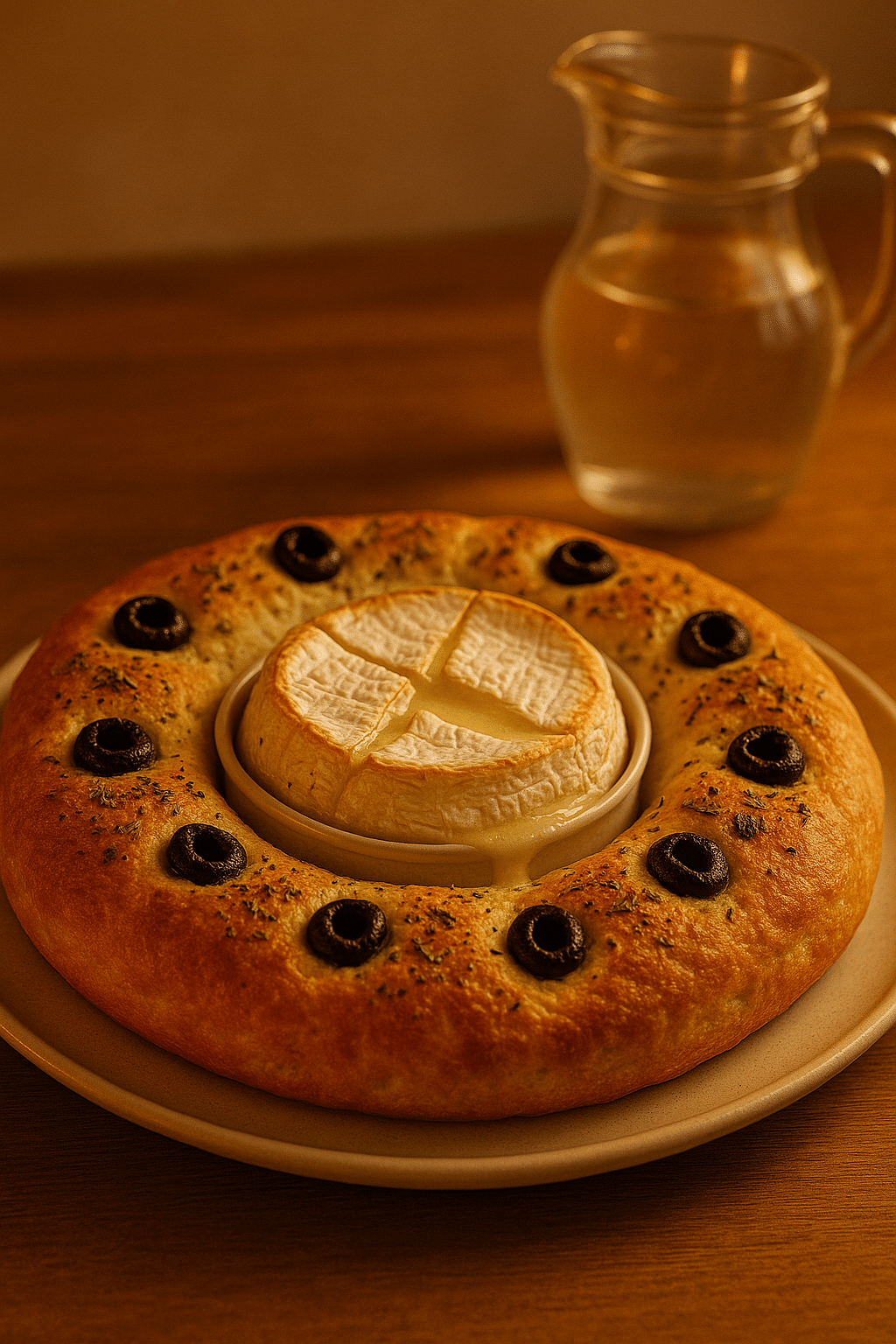 Pain avec olives et fromage fondu, carafe d'eau.