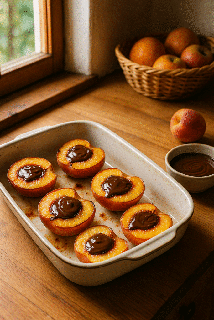 Pêches au four avec chocolat fondu.