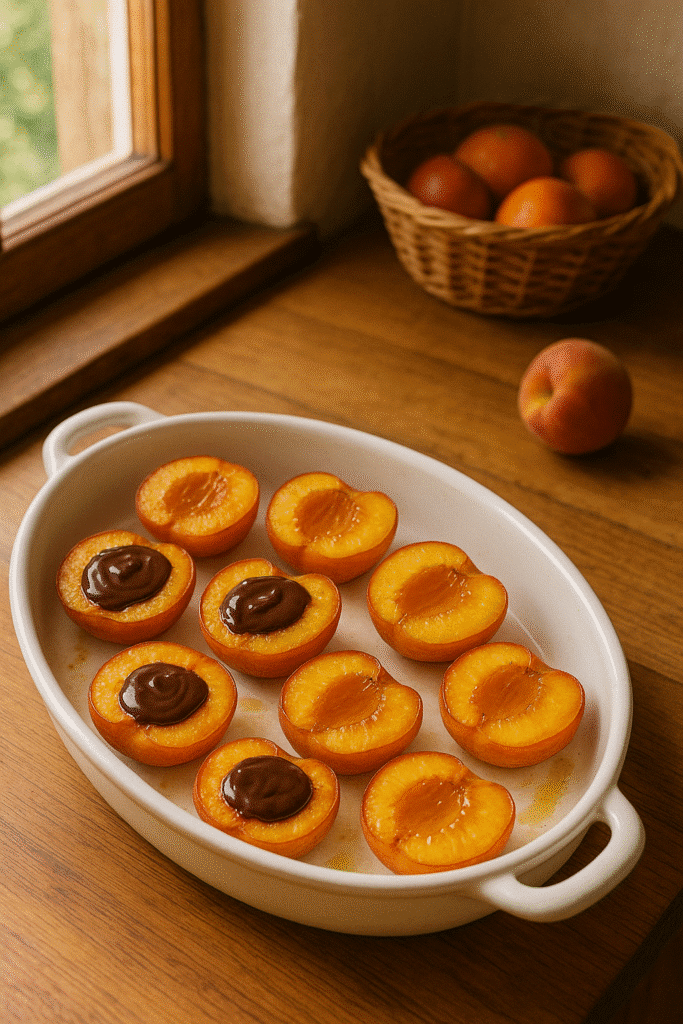 Moitié d'abricot avec chocolat dans un plat.