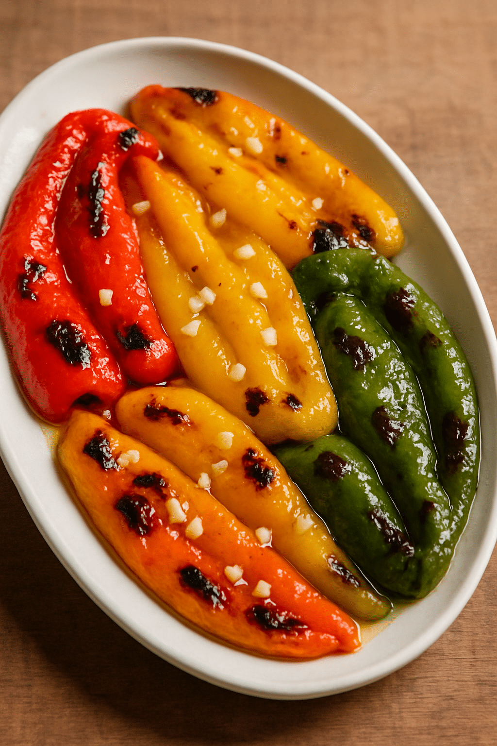 Poivrons grillés colorés sur assiette blanche.