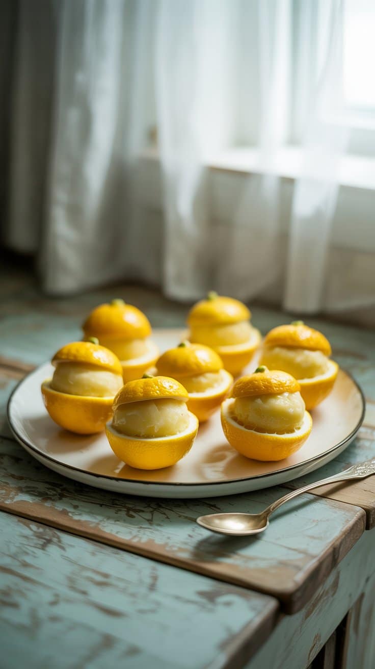 Sorbets au citron dans des moitiés de citron vides.