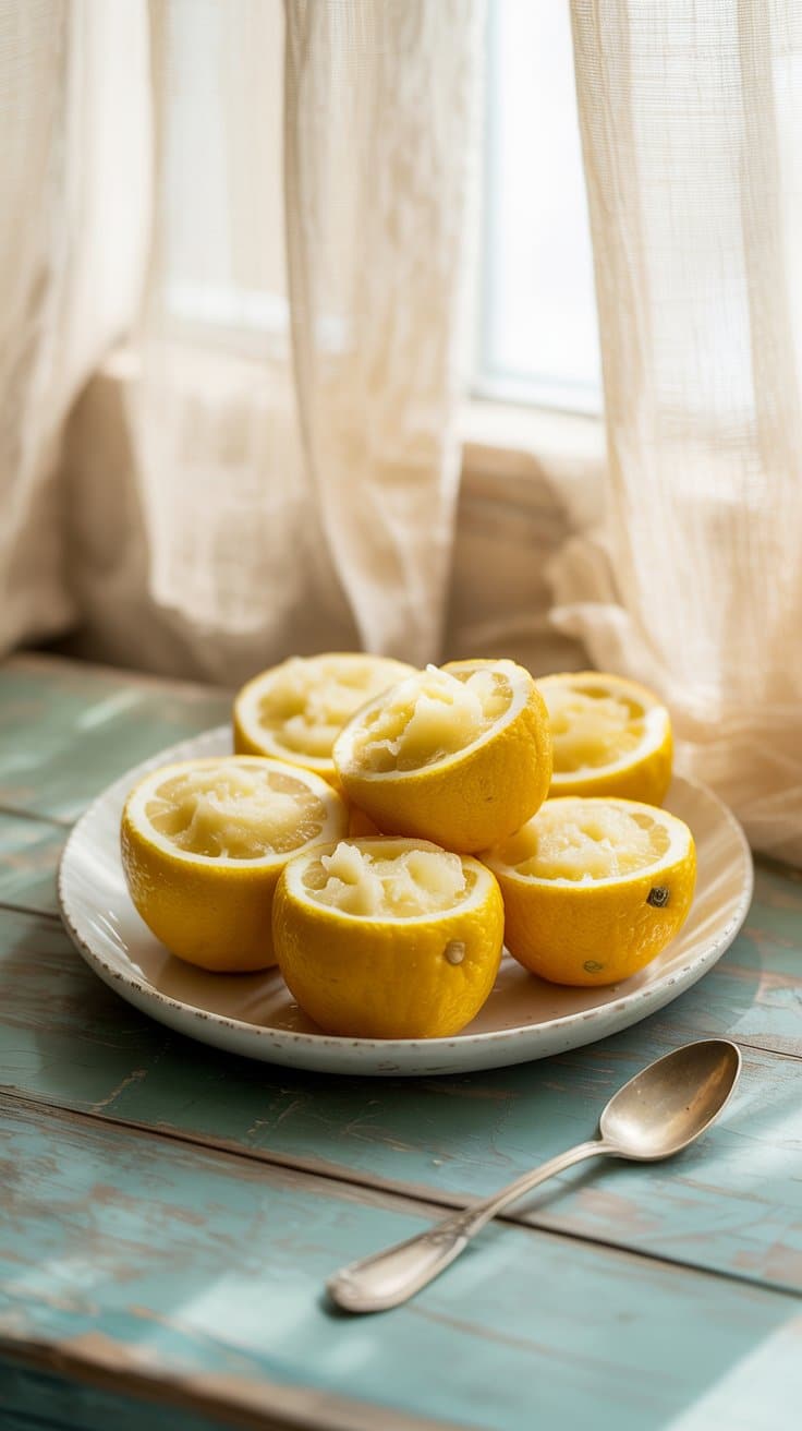 Citrons farcis posés sur une assiette blanche.