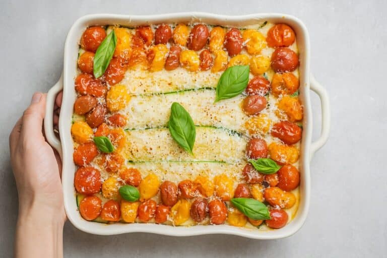 Gratin de légumes avec tomates et basilic.