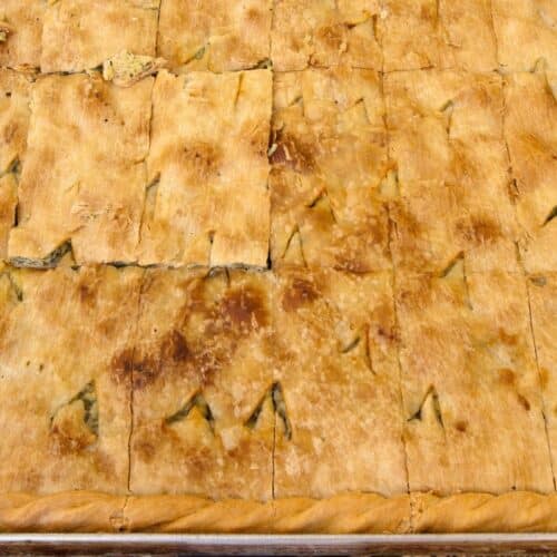 Tourte salée dorée dans un plat rectangulaire
