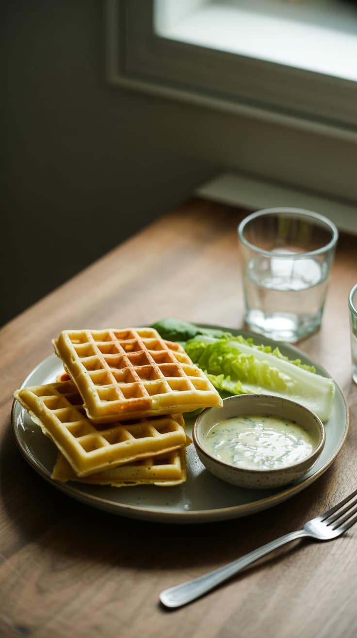 Gaufres avec salade et sauce sur assiette.