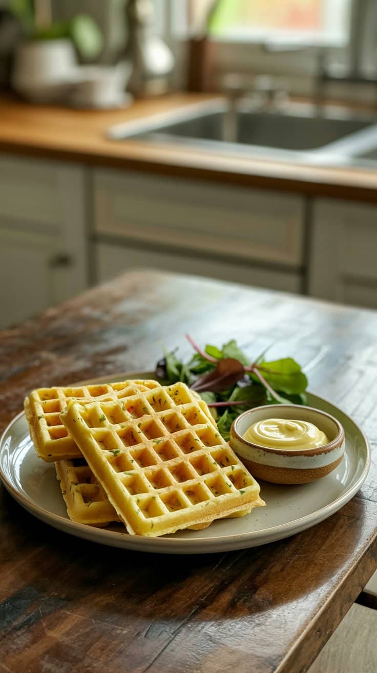 Gaufres servies avec mayonnaise et salade