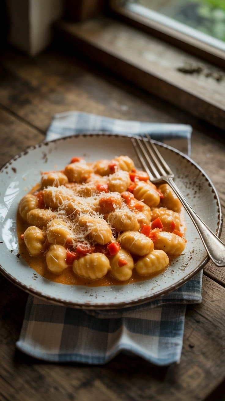Assiette de gnocchis sauce tomate et fromage râpé.