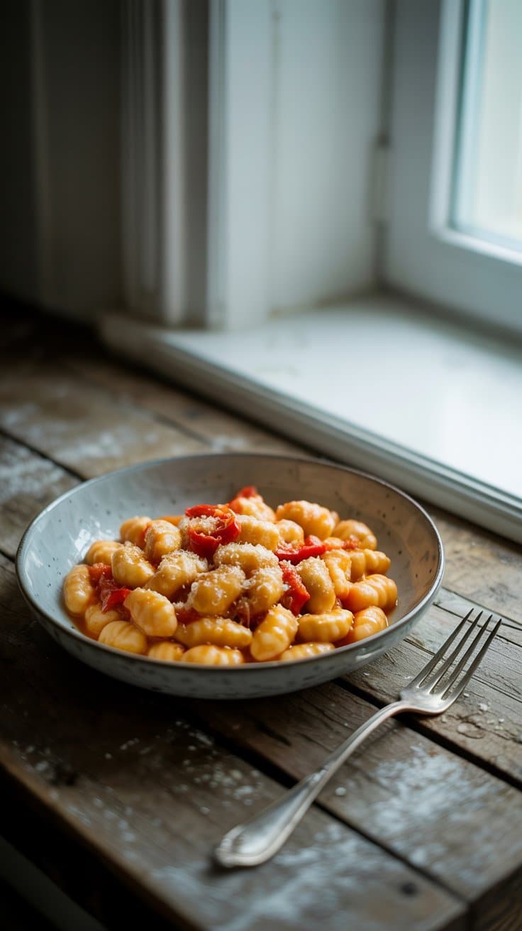 Assiette de gnocchis avec sauce tomate et fromage.