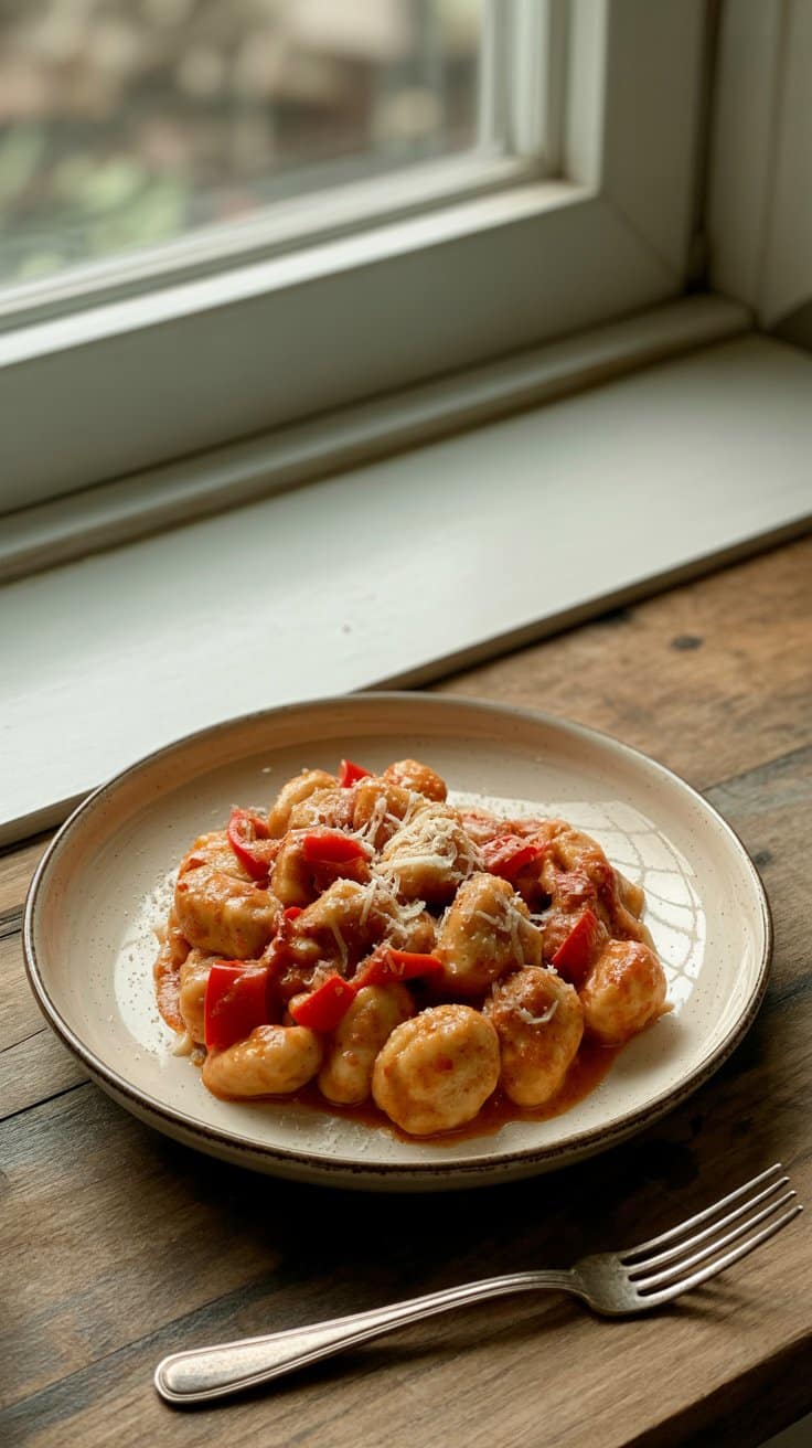 Assiette de gnocchis à la sauce tomate.