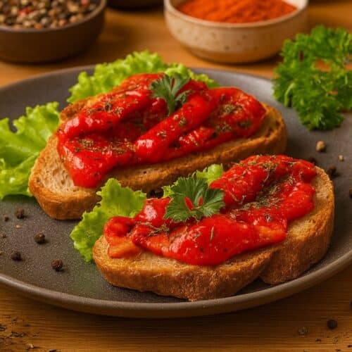 Tartines poivrons grillés sur assiette, garnies de persil.